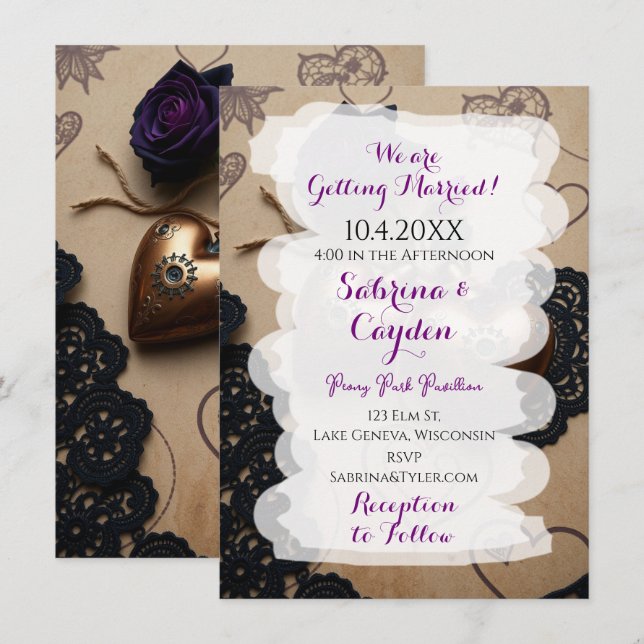 Leather, Lace and Roses Gothic Steampunk Wedding Invitation (Front/Back)