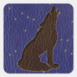 Leather-Look Native American Zodiac Wolf Square Sticker