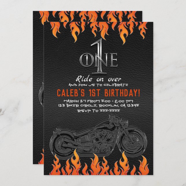 Leather & Orange Flames Motorcycle 1 1ST Birthday Invitation (Front/Back)