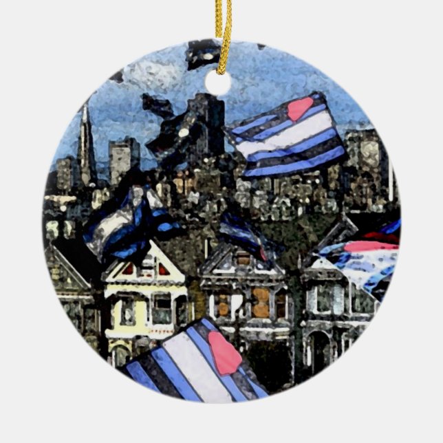 Leather Pride Flags Over San Francisco Ceramic Tree Decoration (Front)