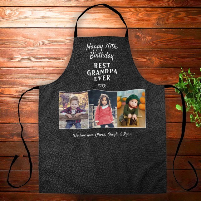 Leather Print Happy Birthday Grandpa 3 Photos Apron (Creator Uploaded)