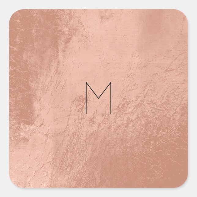 Leather Rose Gold Blush Metal  Minimal Monogram Square Sticker (Front)