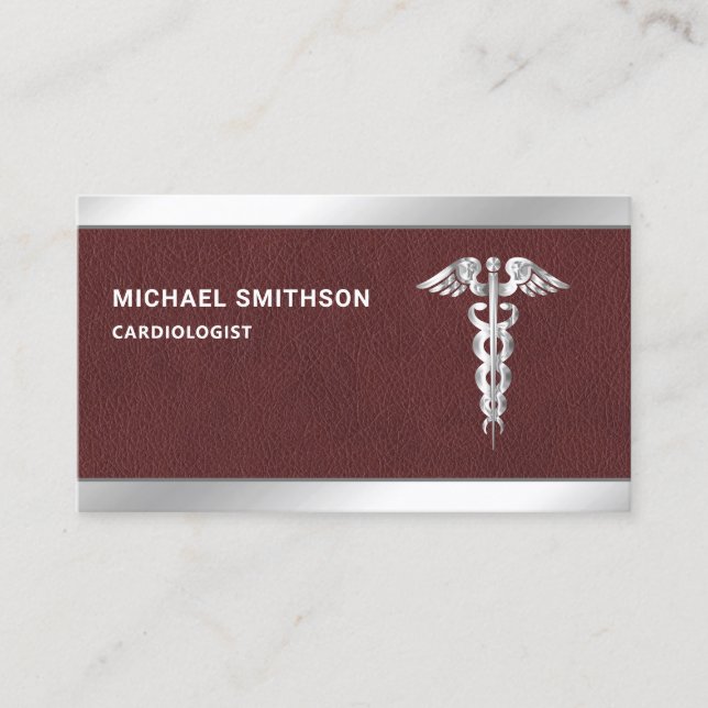 Leather Steel Caduceus Symbol Medical Professional Business Card (Front)