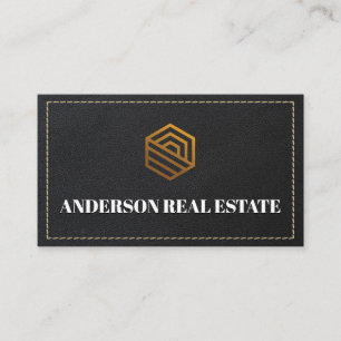 Leather Stitched   Gold Real Estate Logo  Business Card