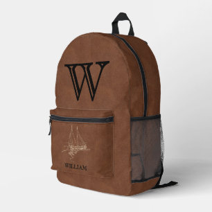 Leather Texture Black Monogram Name Printed Backpack