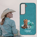 Leather texture cowgirl brown turquoise samsung galaxy case<br><div class="desc">Leather texture cowgirl phone case  with brown cowboy boots,  turquoise cowboy hat and flowers. Personalised phone case. You can transfer this design to any other product on Zazzle,  look at: "Transfer design to a product"!</div>