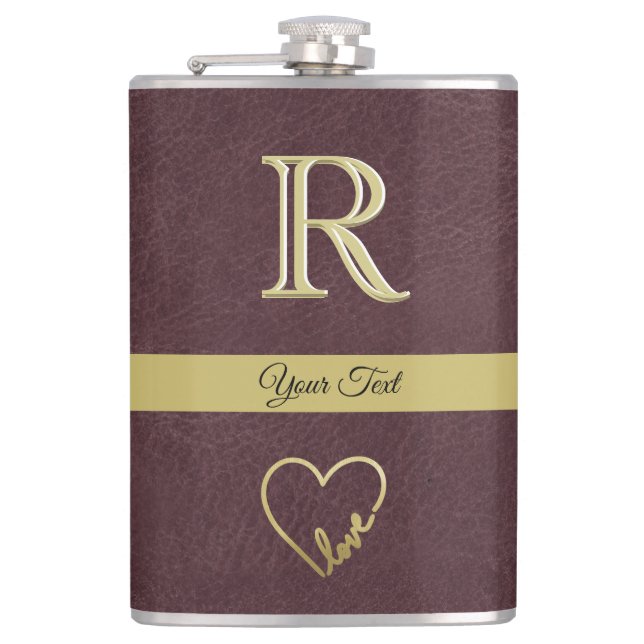 Leather Texture Custom Monogram with Love  Flask (Front)