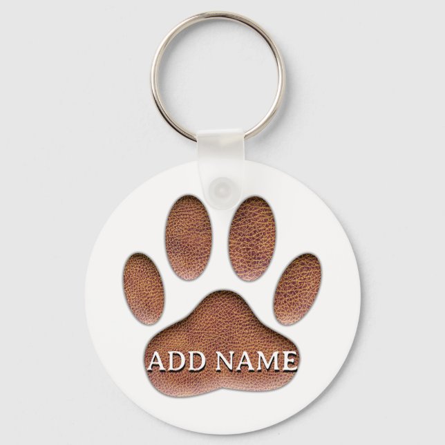 Leather Texture Dog Paw Print Custom Name Key Ring (Front)
