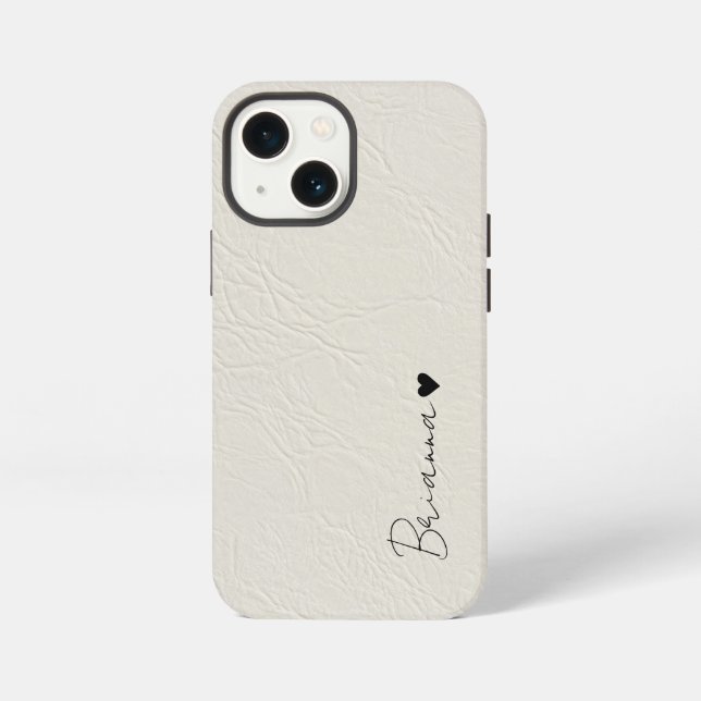 Leather texture ivory minimalistic heart script iPhone case (Back)