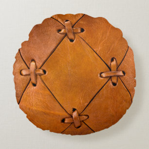 Leather texture, natural selvage detail. round cushion