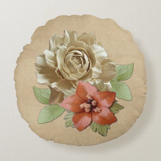 Leather wedding flowers round cushion (Front)