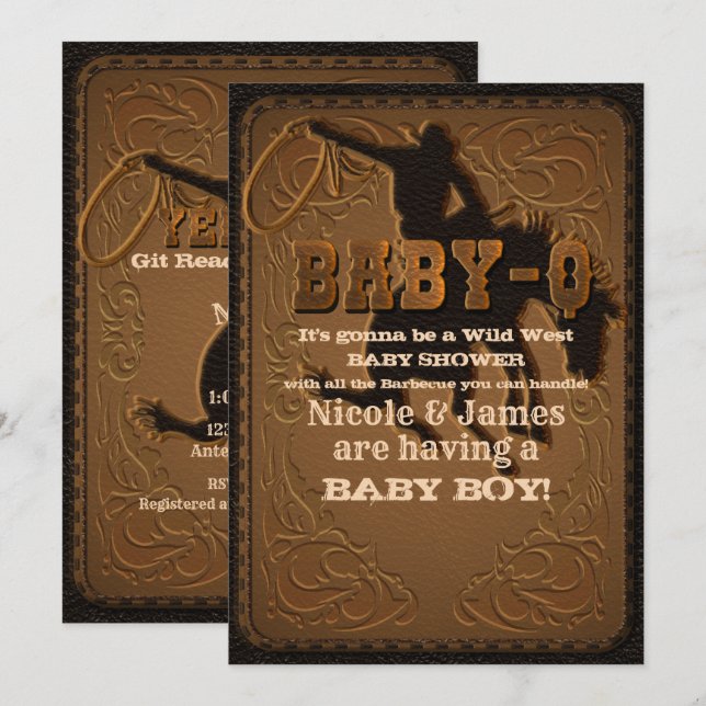 Leather Western Wild West Cowboy BABY-Q SHOWER BBQ Invitation (Front/Back)