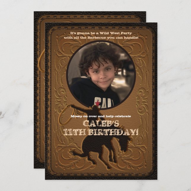 Leather Western Wild West Cowboy Birthday Photo Invitation (Front/Back)