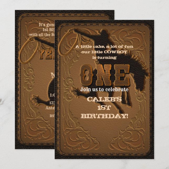 Leather Western Wild West Cowboy ONE 1ST Birthday Invitation (Front/Back)
