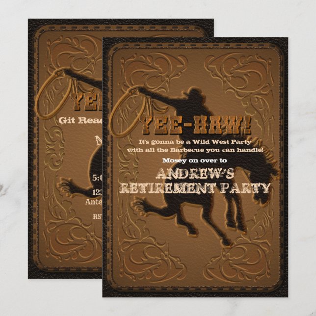 Leather Western Wild West Cowboy Retirement Party Invitation (Front/Back)