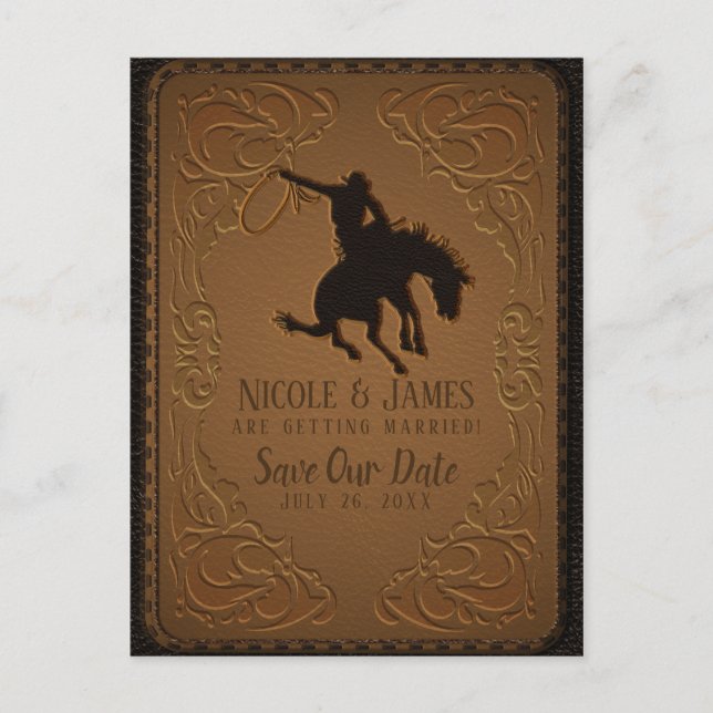 Leather Western Wild West Cowboy Save The Date Announcement Postcard (Front)