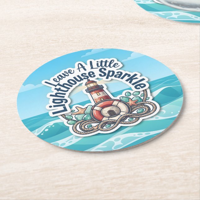 Leave A Little Lighthouse Sparkle Round Paper Coaster (Angled)
