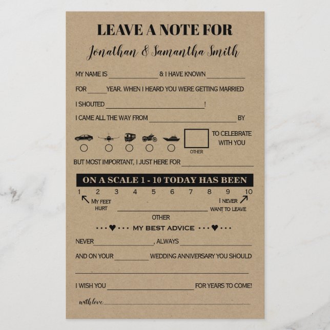 Leave a Note to Couple Rustic Wedding Game Card (Front)