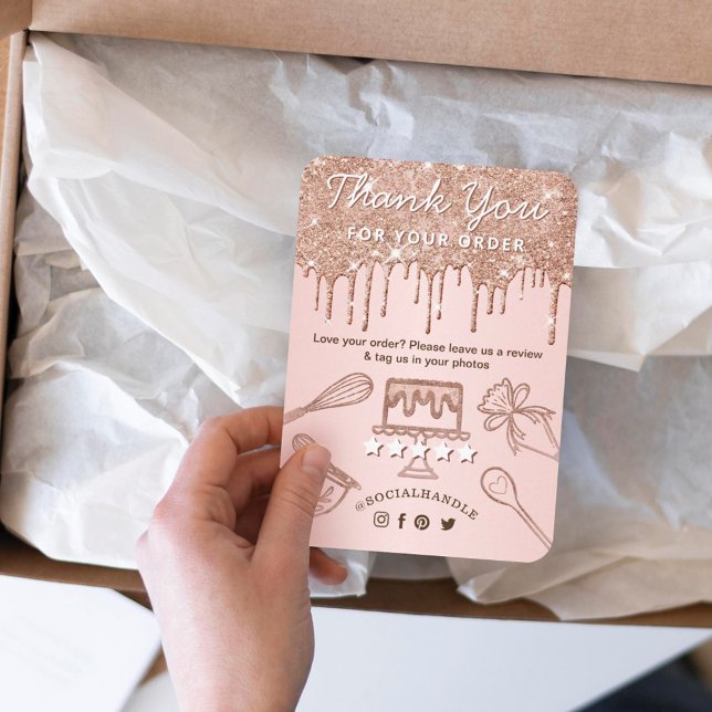Leave A Review Rose Gold Pink Drips Cake Bakery Enclosure Card (Creator Uploaded)