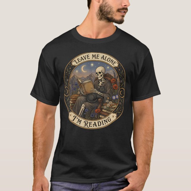 Leave Me Alone I'M Reading Skeleton Black Cat T-Shirt (Front)