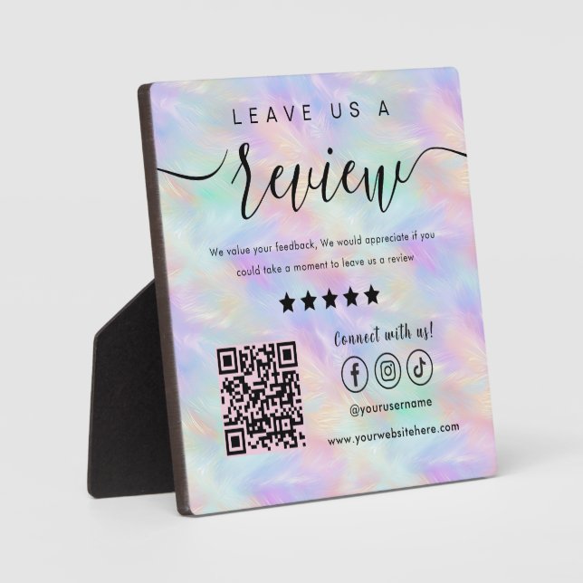 Leave Us A Review Iridescent Opal Stylish Qr Code Plaque (Front)