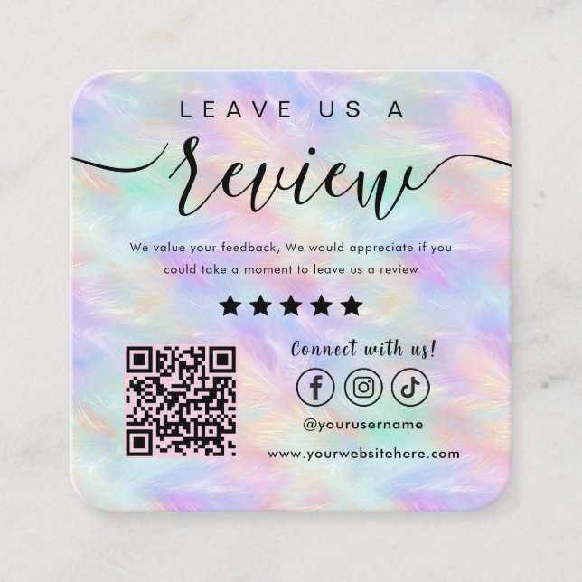 Leave Us A Review Iridescent Opal Stylish Qr Code Square Business Card (Front)