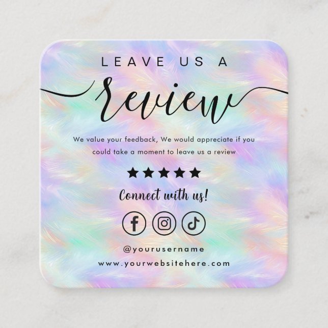 Leave Us A Review Logo Iridescent Opal Stylish Square Business Card (Front)