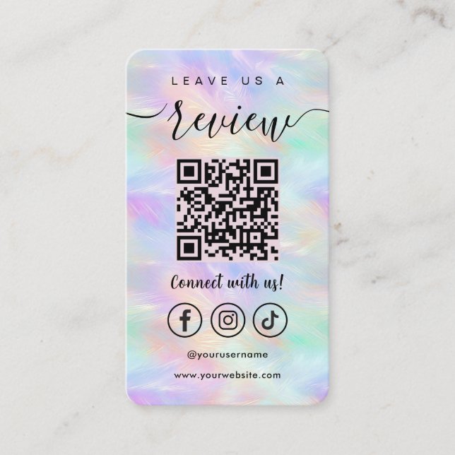 Leave Us A Review Qr Code Iridescent Opal Stylish Business Card (Front)