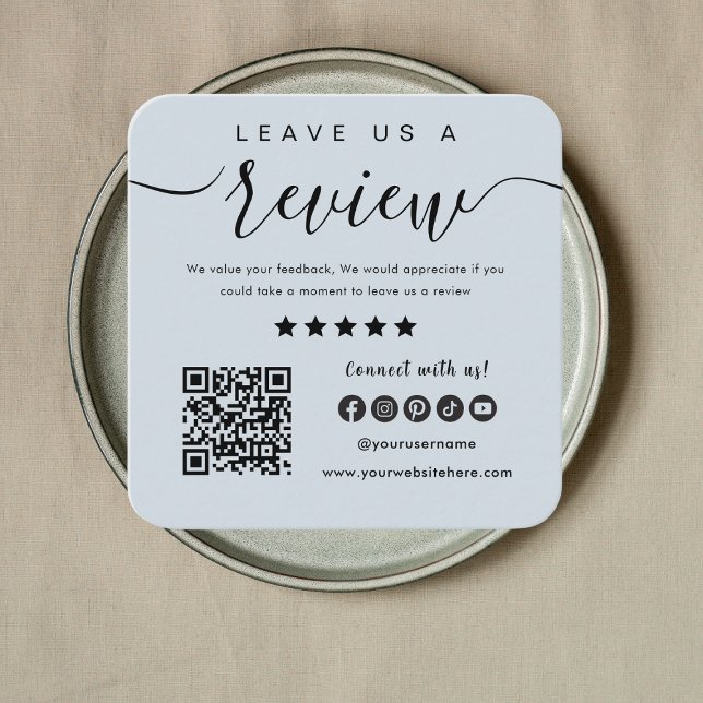 Leave Us A Review Qr Code Social Media Logo Navy Square Business Card (Creator Uploaded)