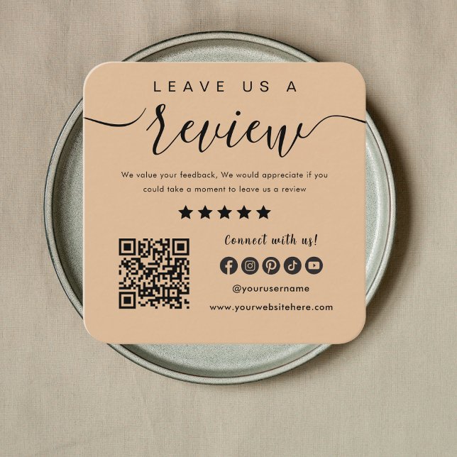 Leave Us A Review Qr Code Social Media Logo Rustic Square Business Card (Creator Uploaded)