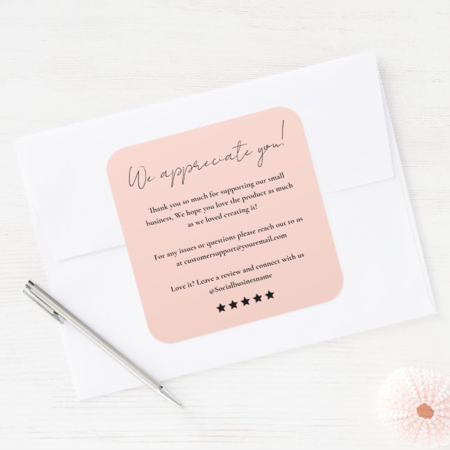 Leave Us A Review Script Thank You Blush Pink Square Sticker (Envelope)