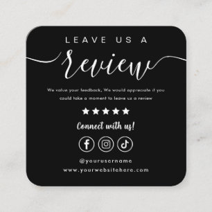 Leave Us A Review Social Media Logo Black Script Square Business Card