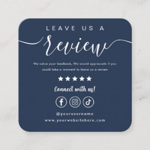 Leave Us A Review Social Media Logo Navy Blue Square Business Card