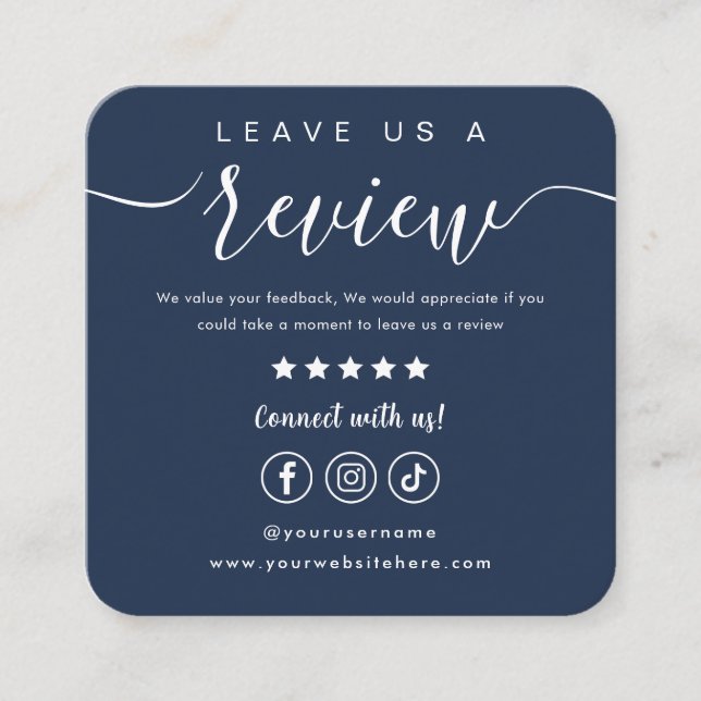 Leave Us A Review Social Media Logo Navy Blue Square Business Card (Front)