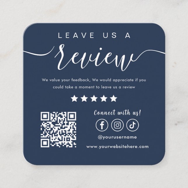 Leave Us A Review Social Media Logo Navy Blue Square Business Card (Front)
