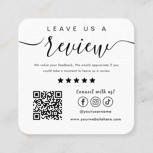 Leave Us A Review Social Media Logo Trendy White Square Business Card (Front)