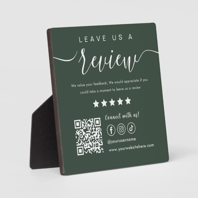 Leave Us A Review Social Media Qr Code Dark Green Plaque (Front)