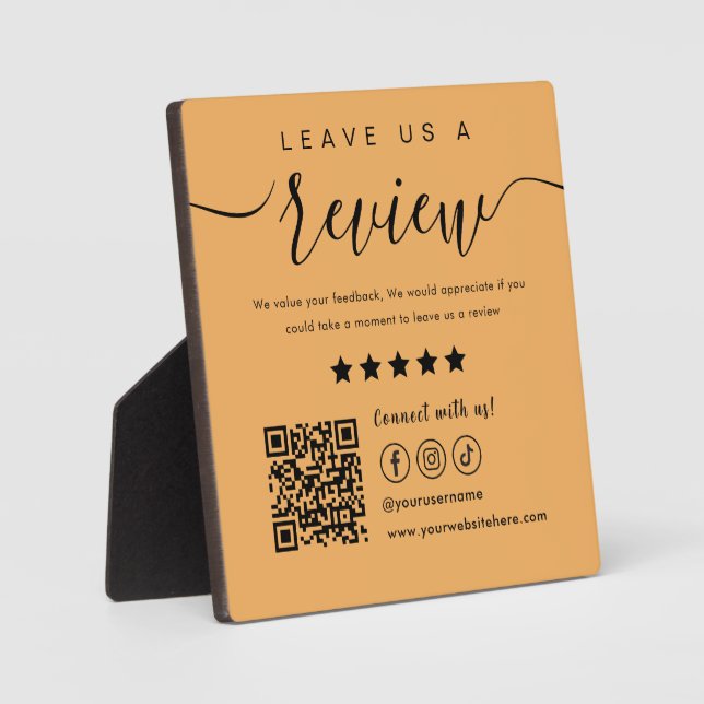 Leave Us A Review Social Media Qr Code Logo Orange Plaque (Front)