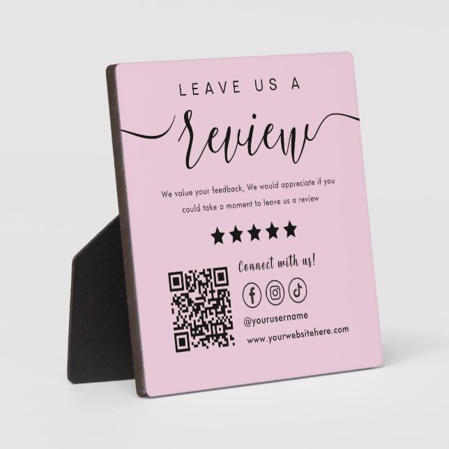 Leave Us A Review Social Media Qr Code Logo Pink Plaque (Front)