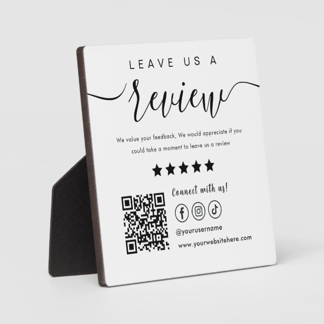 Leave Us A Review Social Media Qr Code Logo White Plaque (Front)