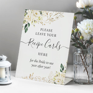 Leave Your Recipe Cards White Rose Greenery Floral Pedestal Sign