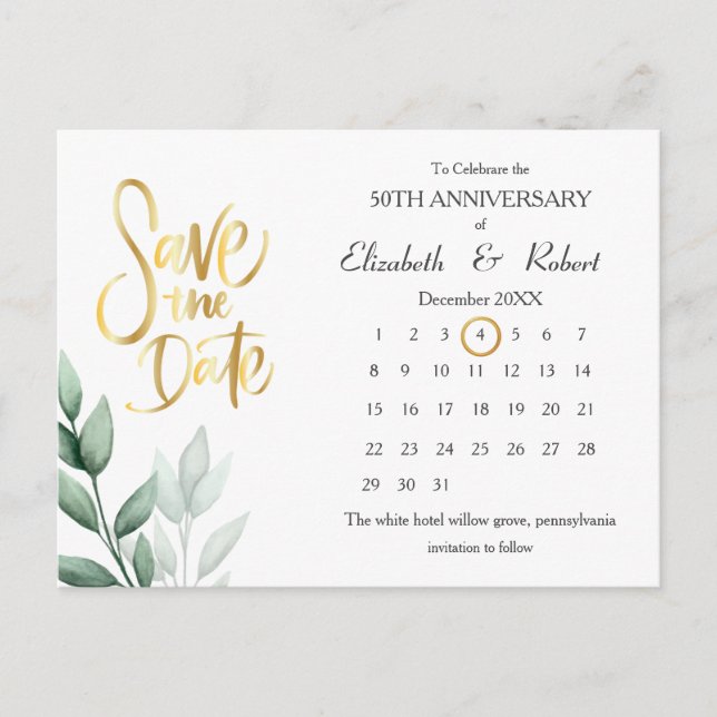 Leaves 50th Anniversary Elegant The Date Calendar Announcement Postcard (Front)