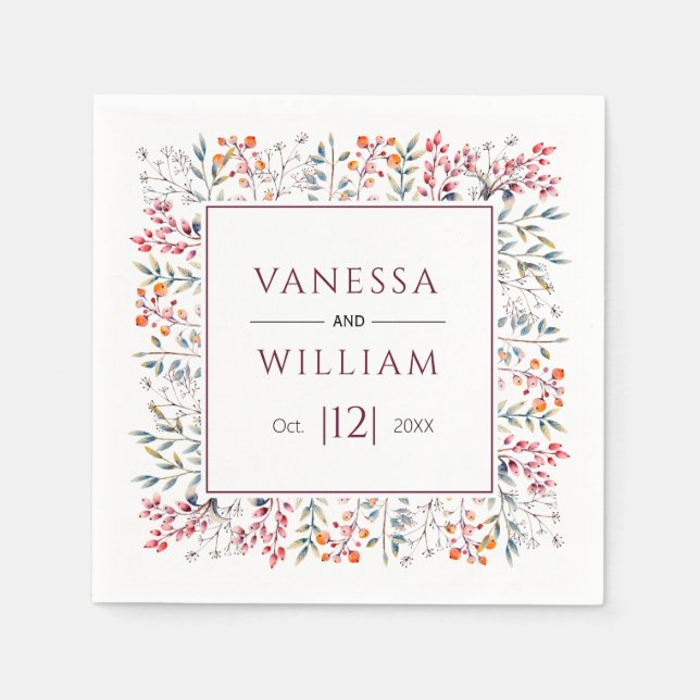 Leaves and berries burgundy winter wedding napkin (Front)