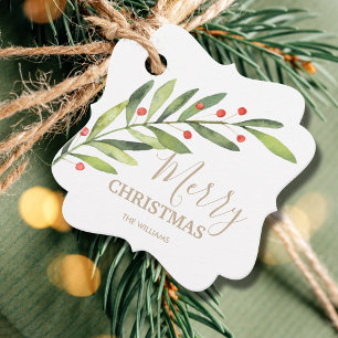 Leaves and Berries on Merry Christmas Bracket Favour Tags
