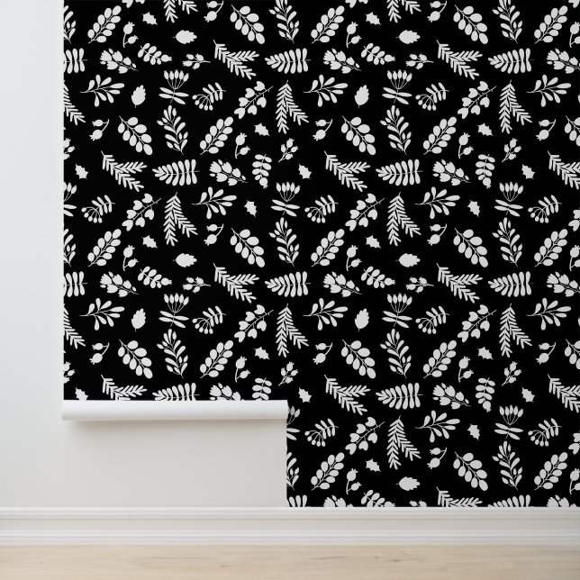 Leaves and Berries Pattern - Black | White Wallpaper (Application)