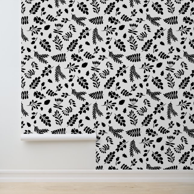 Leaves and Berries Pattern - Black | White Wallpaper (Application)