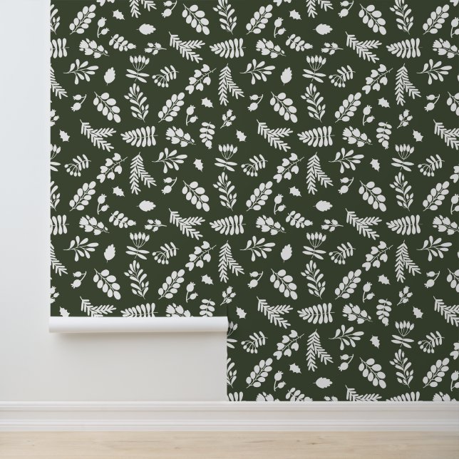 Leaves and Berries Pattern - Dk Green | White Wallpaper (Application)