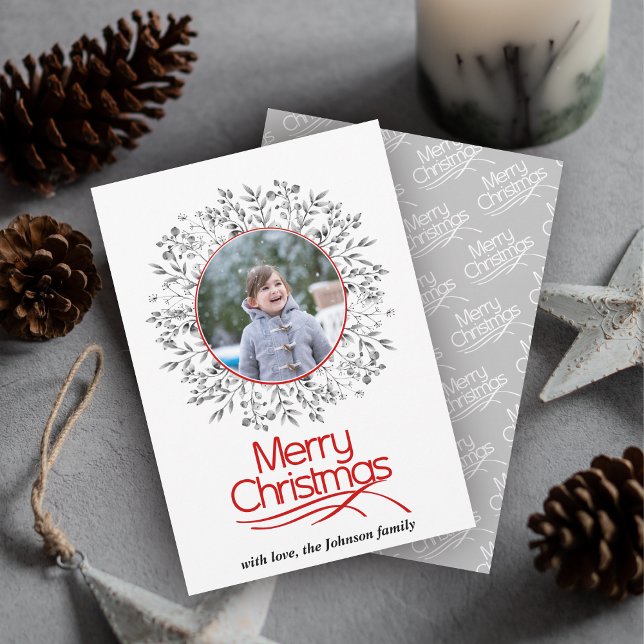 Leaves and berries red grey Merry Christmas photo Holiday Card (Creator Uploaded)
