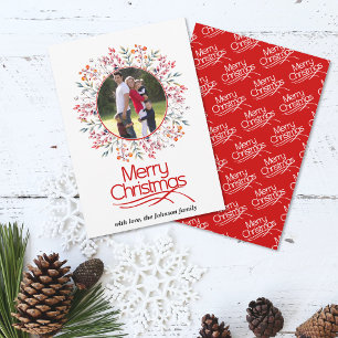 Leaves and berries red Merry Christmas photo Holiday Card