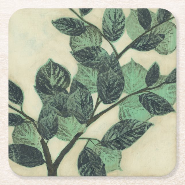 Leaves and Branches on Cream Background Square Paper Coaster (Front)